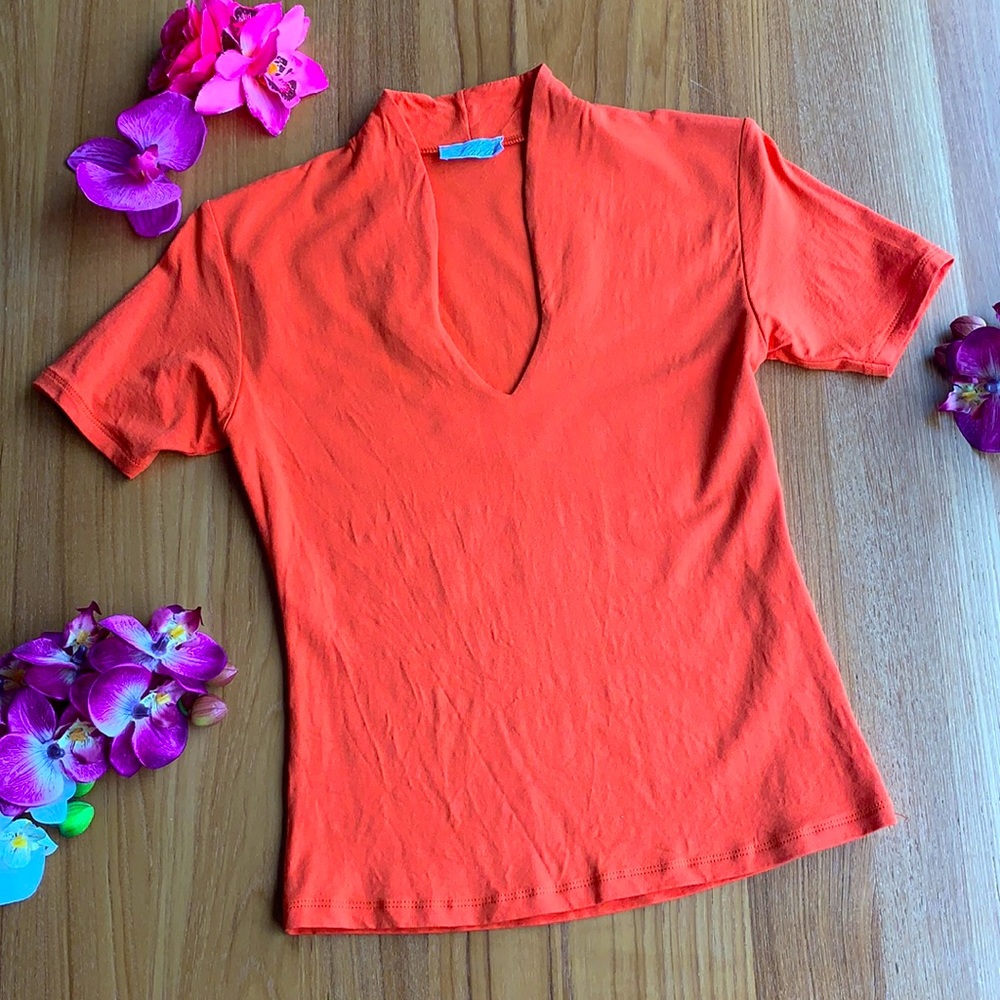 Viva Lara Orange V-Neck Short Sleeve Blouse 93% viscose 7% spandex XS